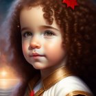 Portrait of a child with curly hair and blue eyes in red and white outfit with a flower against star