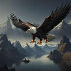 Eagle soaring over serene lake, snow-capped mountains, twilight sky