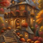 Colorful Flowers and Autumn Leaves Adorn Charming Two-Story Cottage