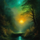 Enchanting forest scene with glowing orb over serene river