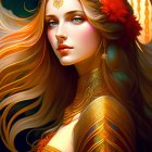 Digital artwork: Woman with golden hair, green headpiece, rose, gold jewelry, red garment