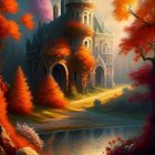 Mystical autumn tower amid vibrant foliage and glowing mushrooms