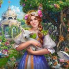 Digital Artwork: Woman with Blue Eyes and Floral Hat in Idyllic Landscape