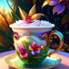 Colorful Floral Cup with Gold Trim and Butterfly on Whipped Cream