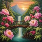 Scenic landscape with pink flowers, wooden bridge, river, waterfalls, and mountains at sunset