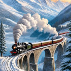 Vintage Steam Train Crossing Stone Viaduct in Snowy Mountain Landscape