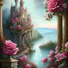 Fantasy castle surrounded by greenery and roses near river with birds in sky