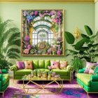 Colorful Living Room with Green Sofas, Flowers, Windows, and Tree Painting