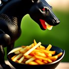 3D-rendered black canine with glowing red eyes and bowl of yellow cut fruits