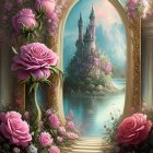 Pink Roses Oval Mirror Reflects Castle on Green Island