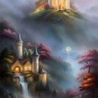 Fantasy castle on misty hill with autumn trees, waterfalls, sailboat, and tower at