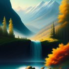 Tranquil landscape with waterfall, autumn trees, lake, and mountains