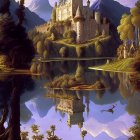 Autumn landscape with castle on hill, calm lake, and vivid blue sky