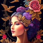 Woman with Flowers and Butterflies: Dark Background, Golden Accents