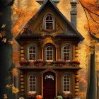 Victorian-style house with teal door in autumn setting