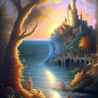 Tranquil fantasy sunset scene with glowing village, animals, lake, and mountains