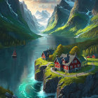 Serene fjord with red-roofed houses, sailing boat, lush mountains