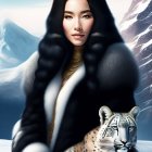 Illustrated woman in fur coat with mountain cougar on snowy mountain.