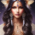 Ethereal woman with golden butterfly accessories in cosmic setting