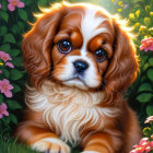 Reddish-Brown and White Dog Surrounded by Vibrant Flowers