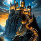 Moonlit castle on cliff with winding staircase by river