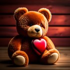 Plush teddy bear with shiny eyes and heart-shaped box on wooden backdrop