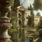 Classical garden with archways, urns, flowers, greenery, and reflecting pond