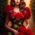 Woman with Red Roses and Floral Crown in Mythical Setting