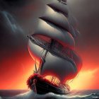 Tall ship sailing on turbulent seas at sunset with crescent moon and planets