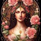 Classic digital artwork: Woman with flowing hair and roses in ornate oval frame