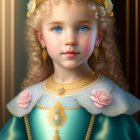 Digital portrait: Young girl with curly hair, teal dress, rose adornments, golden crown.