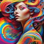 Digital artwork featuring woman with multicolored hair and vibrant floral attire