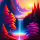 Colorful waterfall painting with orange and pink trees, purple and blue sunset sky, and a lone butterfly