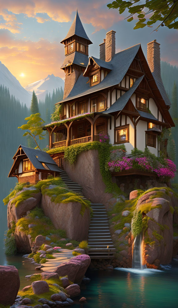 Scenic multi-story cottage on rocky outcrop with waterfall & lake at sunset