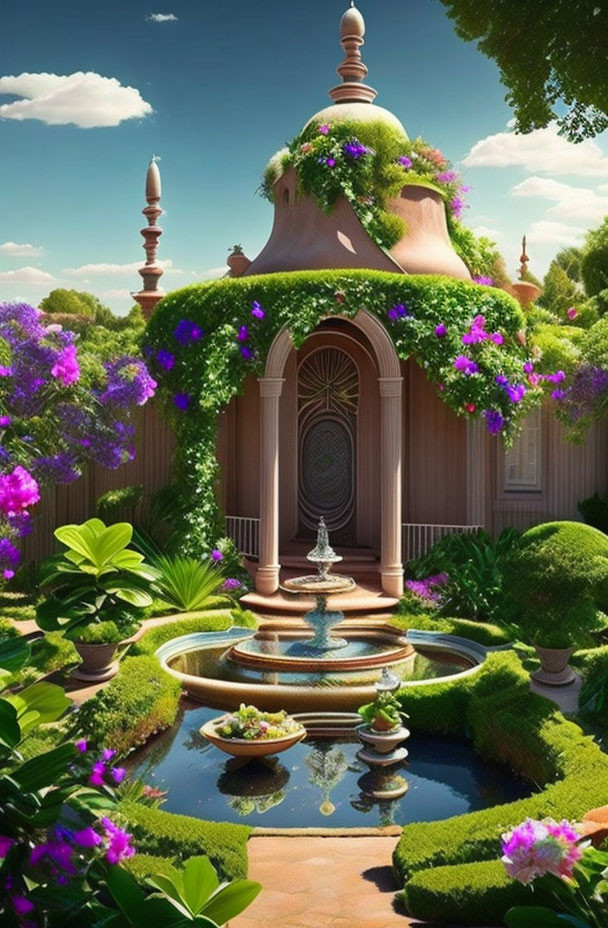 Lush Green Garden with Purple Flowers and Tiered Fountains