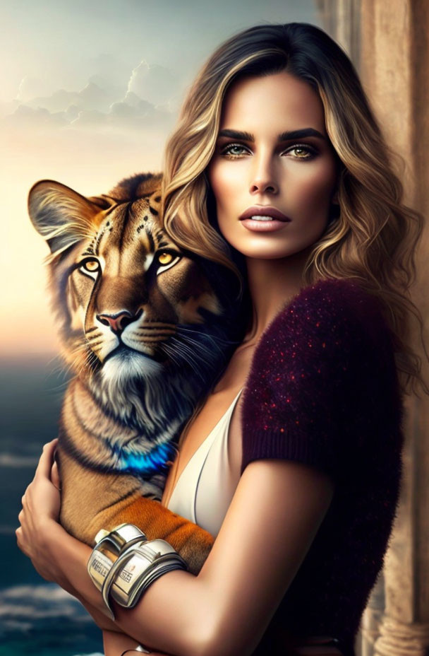 Surreal portrait of woman embracing tiger against cloudy skyline