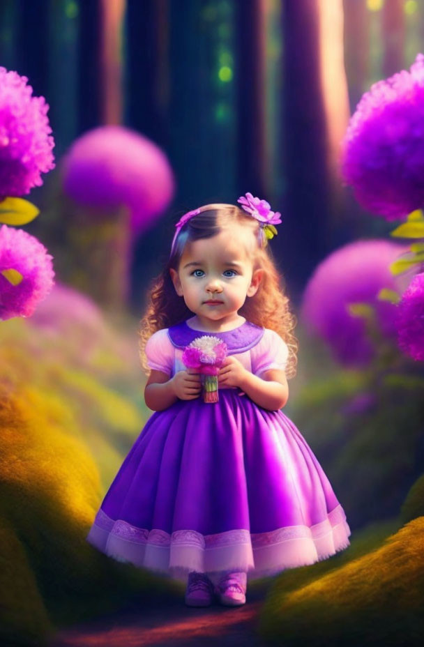 Young girl in purple dress with flower in hair on forest path with purple flowers on trees