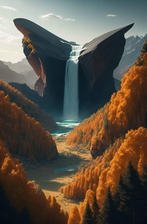 Surreal landscape with large waterfall in autumn forest