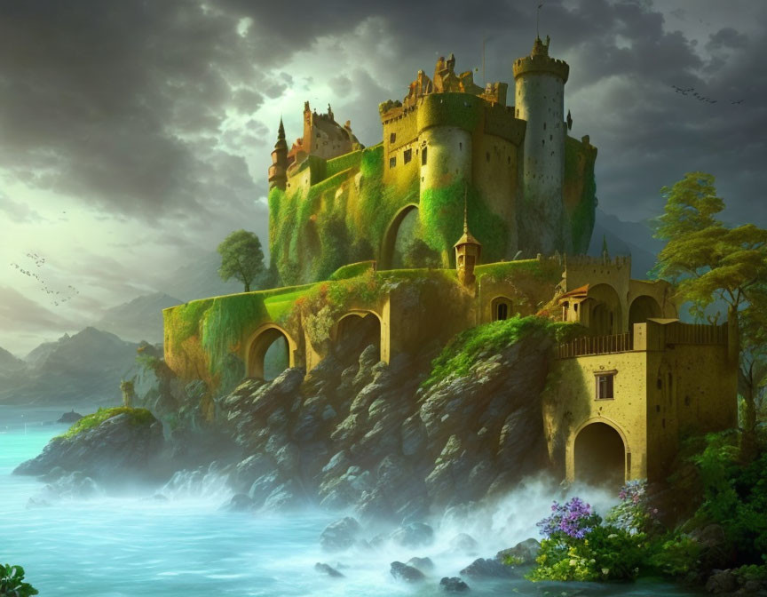 Fantastical castle on rocky perch by vibrant river