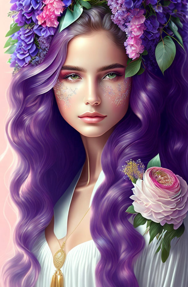 Digital portrait of woman with long purple wavy hair, adorned with blue and purple flowers, wearing white