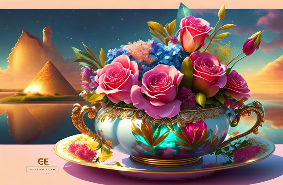 Colorful digital artwork: Teacup with roses and flowers on sunset background.