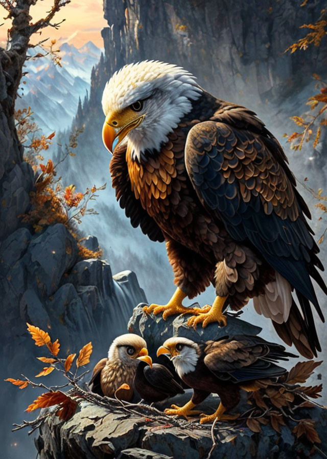 Majestic eagle with eaglets in autumn landscape.