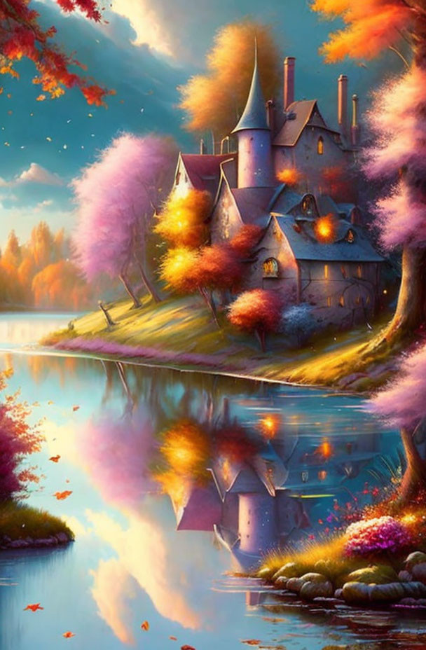 Fairytale castle by tranquil lake, autumn trees, golden sky