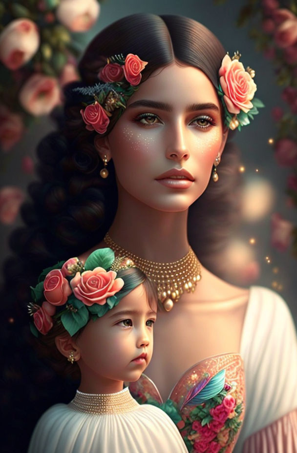 Woman and child with flowers in hair in elegant attire in serene setting.