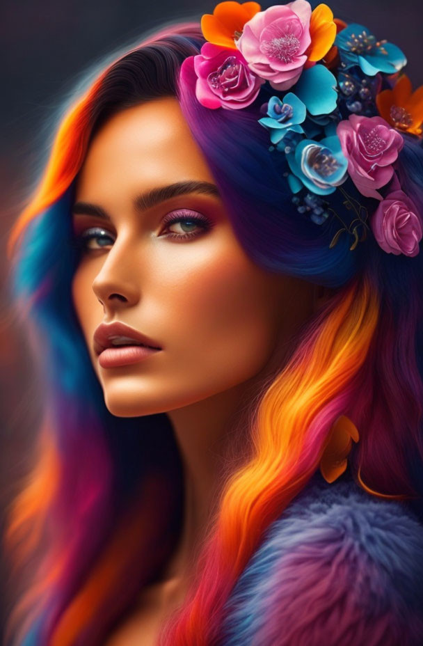 Colorful portrait of woman with vibrant hair and floral accessory