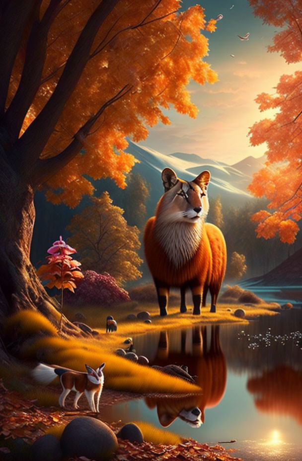 Fluffy fox by tranquil lake with autumn trees