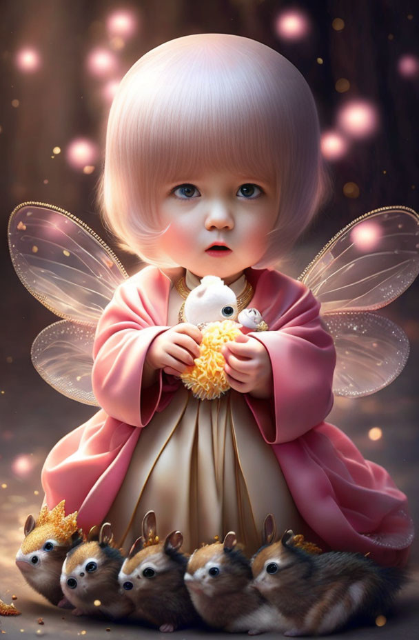 Child with fairy wings and hamsters in whimsical illustration