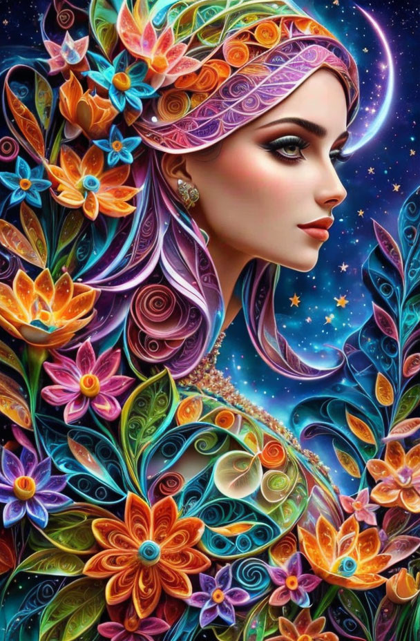 Colorful portrait with floral headdress on cosmic backdrop