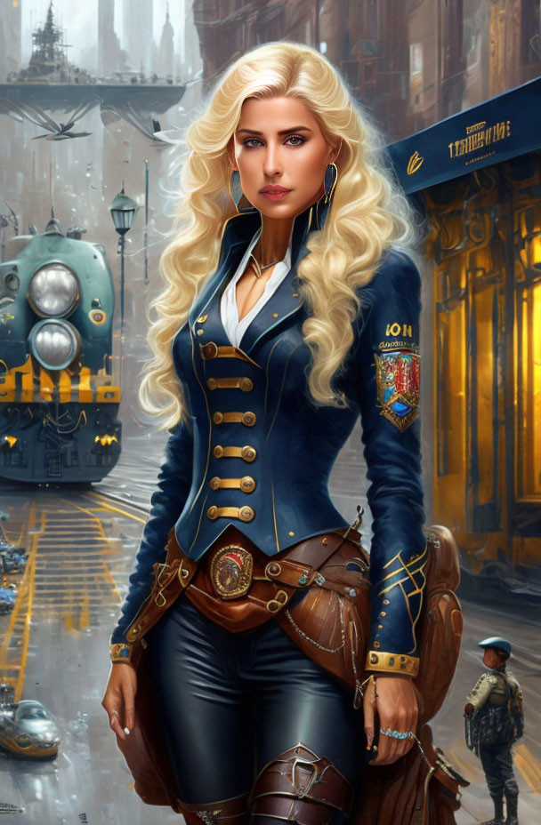 Blonde woman in futuristic military uniform in steampunk cityscape