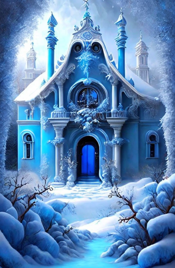 Blue ice castle in snow-covered winter landscape